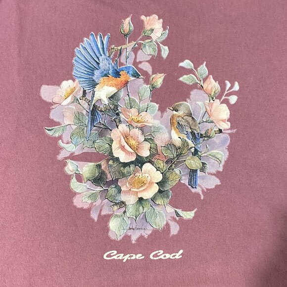 Vintage Graphic T-Shirt Floral Bird Design Purple Cottagecore 100% Cotton Boxy - Picture 5 of 8